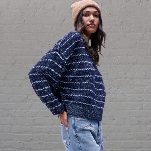 Free People Sweaters - Free People NWT Starlight Blue Striped Cotton Blend  Heavy Knit Sweater